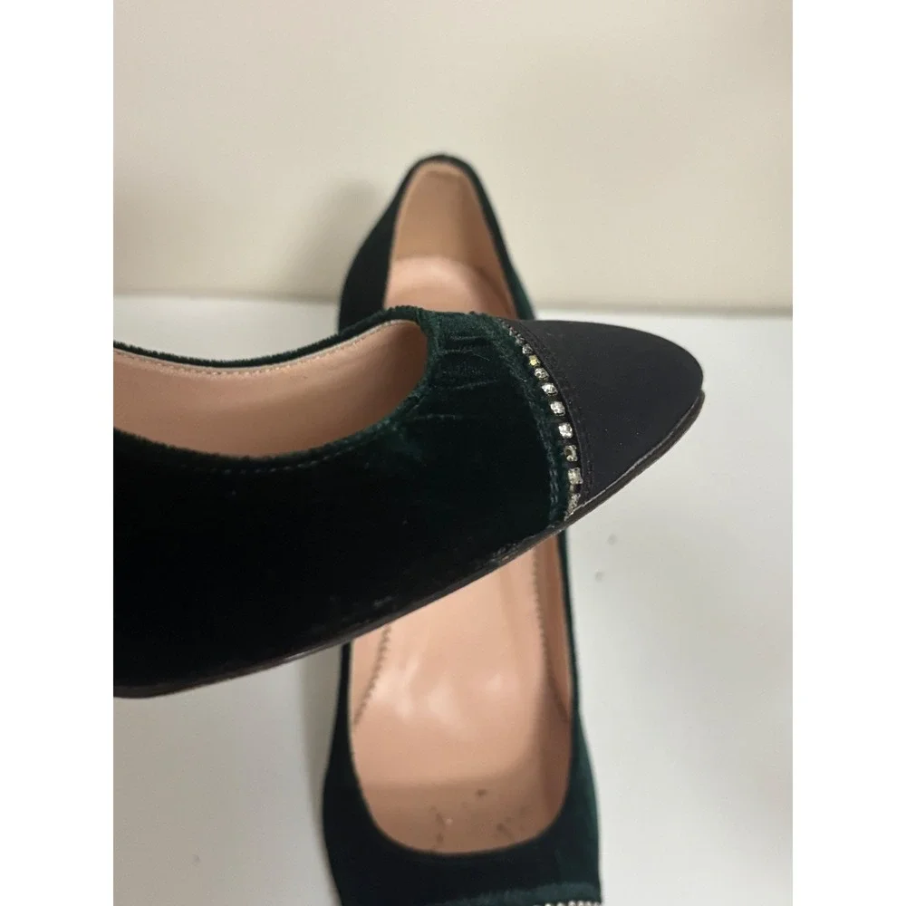 J. Crew Green Velvet Cap Toe Block Heel Pumps Crystal Embellished Size 9 Italy